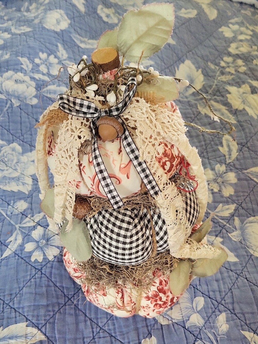 Handmade Rustic Fabric Stacked Pumpkin Fall Decor Gingham Floral Lace